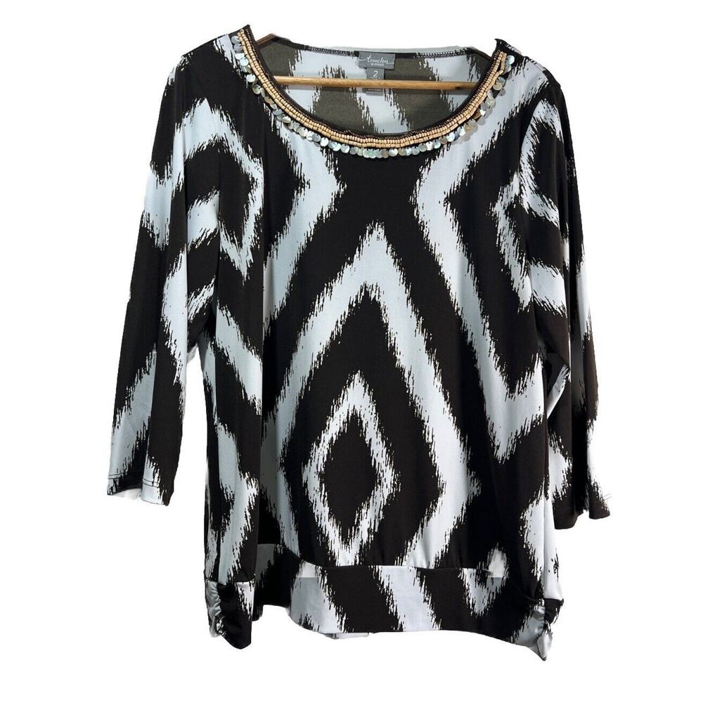 Chico’s Chicos Travelers Brown Beaded Banded Bottom Matte Jersey Large Sz 2